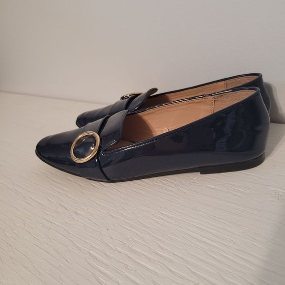 Zara Trafaluc Navy Patent Loafers with Gold Detail - Picture 2 of 7